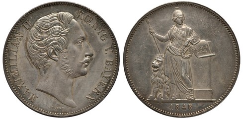 Germany German Bavaria Bavarian silver coin 2 two thalers 1848, Subject New Constitution, head of King Maximilian II right, woman in ancient clothes near pedestal, lion at left,