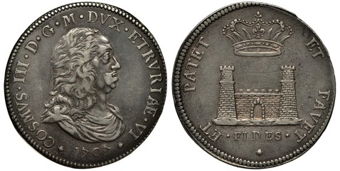 Livorno Toscana Italy Italian silver coin 1 one tallero (thaler) 1707, ruler Cosimo III, bust right, fortress with towers and gate, crown above, 