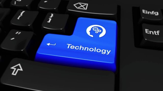 409. Technology Round Motion On Blue Enter Button On Modern Computer Keyboard with Text and icon Labeled. Selected Focus Key is Pressing Animation. technology security concept