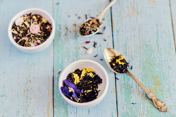 Flower tea: edible Pansy flowers, lemongrass, lavender, rose. Tea with flower petals.