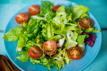 Spring vitamin salad: greens with cherry tomatoes in a blue plate on a blue background