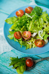 Spring vitamin salad: greens with cherry tomatoes in a blue plate on a blue background