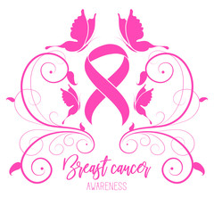 Breast Cancer Awareness Ribbon Background. Health care and medical info. Butterfly sign and pink ribbon. Vector illustration