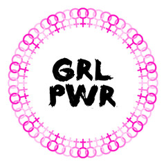 Girl power. Motivational phrase. Feminist quote. Women's rights. Women's Day. Health care and medicine. Feminism icon sign. Feminist movement. Woman logo symbol. Pink badge of honor. Gender Venus sign