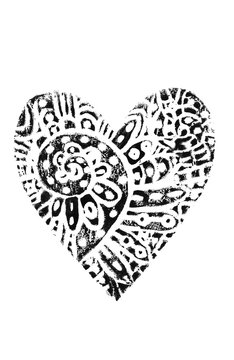 White Hand printed decorative ornamental heart on black background. For greeting cards, designs, invitations