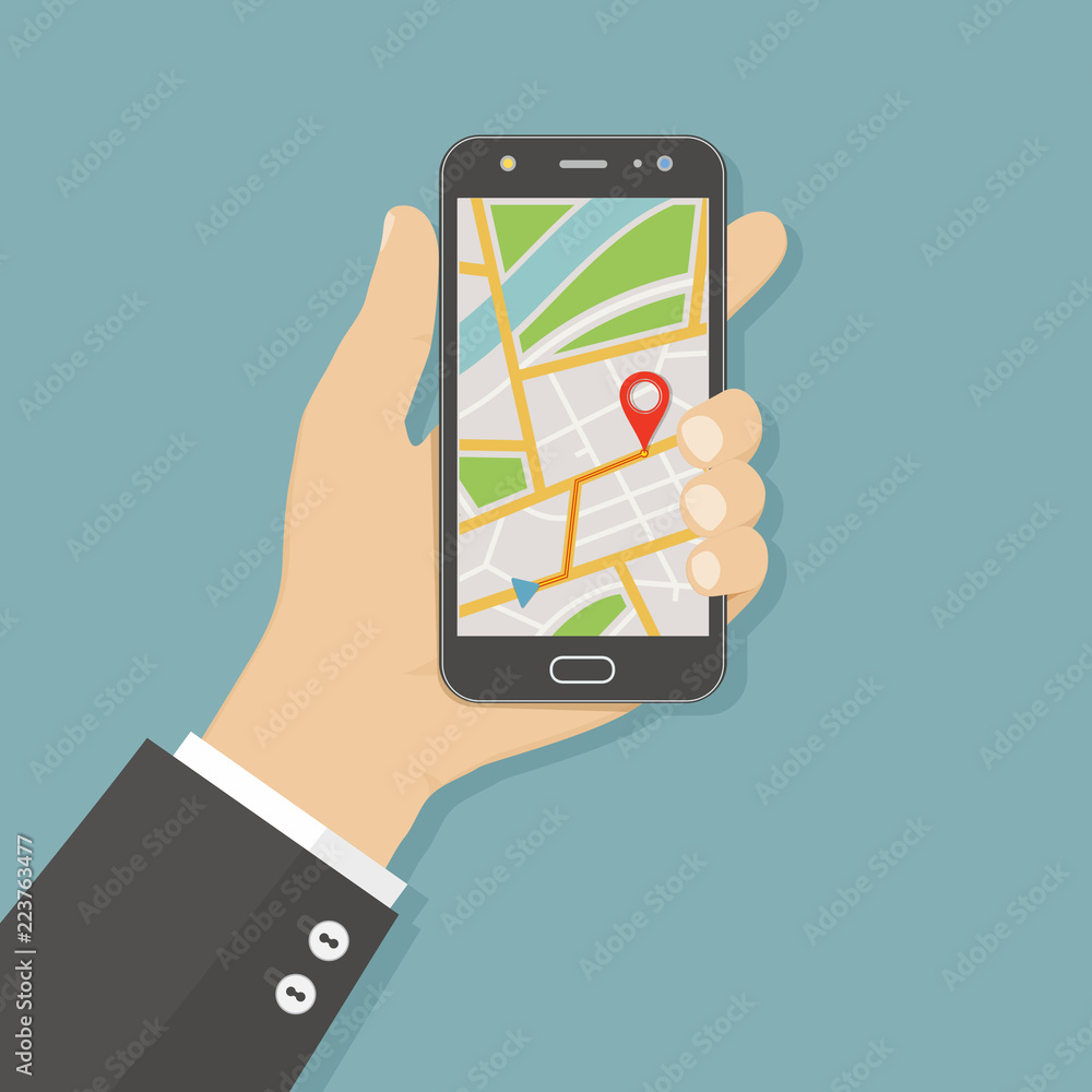 Poster hand holding smartphone with gps navigation map on screen. mobile navigation concept. flat vector il