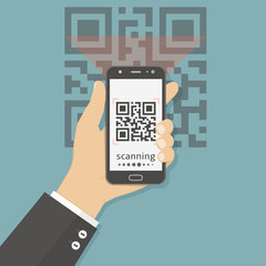 Flat vector illustration concept for scanning QR code with mobile phone