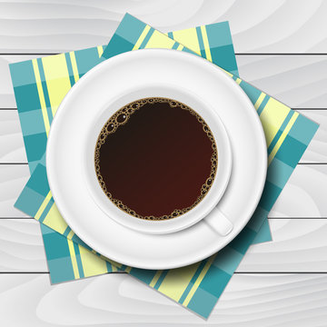 Cup of coffee with checkered napkins on white wooden table vector illustration