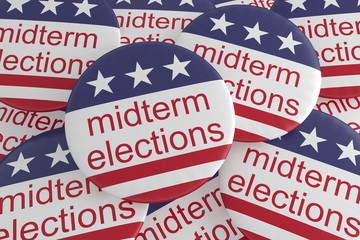 USA Politics News Badges: Pile of Midterm Elections Buttons With US Flag, 3d illustration