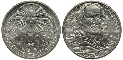 Italy Italian silver coin 1000 one thousand lira 1998, subject Italian sculptor and architect Gian Lorenzo Bernini, stylized sun above plan of fortress, bee below value, head in 3/4 right,