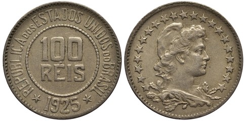 Brazil Brazilian coin 100 one hundred reis 1925, value within circle of beads, date below flanked by stars, liberty bust surrounded by stars, 