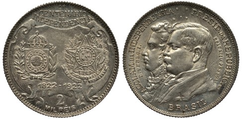 Brazil Brazilian silver coin 2000 two thousand reis 1922, subject Centenary of Independence, imperial and republican arms, conjoined busts of Emperor Dom Pedro I and President Epitacio Pessoa,  