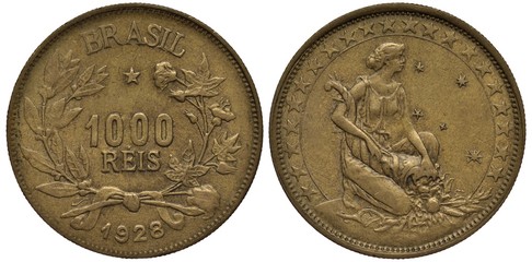 Brazil Brazilian silver coin 1000 one thousand reis 1928, value flanked by sprigs, date below,...