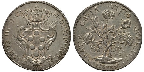 Italy Italian Toscana silver coin 1 piastre 1707, ruler Cosimo III Medici, crowned shield with...