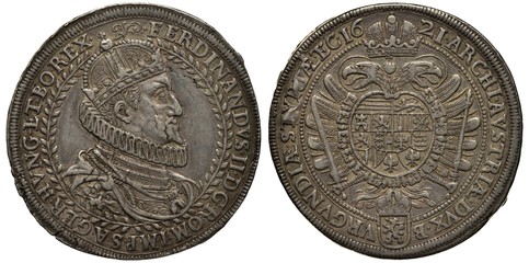 Holy Roman Empire of German Nation German Austria Austrian silver coin 2 thalers 1621, ruler Archduke Ferdinand II, crowned bust in rich clothes right, eagle with two heads, shield on chest,