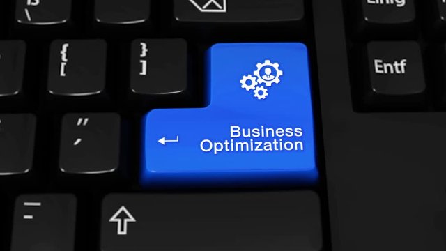 423. Business Optimization Rotation Motion On Blue Enter Button On Modern Computer Keyboard with Text and icon Labeled. Selected Focus Key is Pressing Animation. Business Management Concept