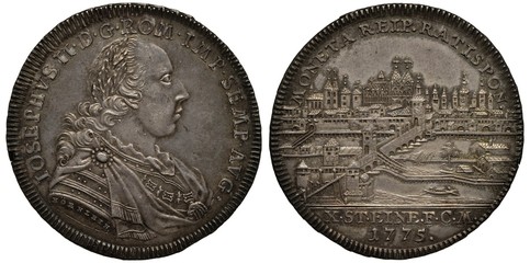 Holy Roman Empire of German Nation City of Regensburg silver coin 1 one thaler 1775, ruler Joseph II, bust in rich clothes right, city view, channels, buildings, churches, bridges, piers, boats, 