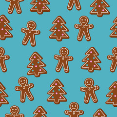 Christmas seamless pattern. Brown gingerbread man and Christmas Tree cookies on blue background. Graphic design element for wrapping paper, prints, scrapbooking, simple cartoon vector.