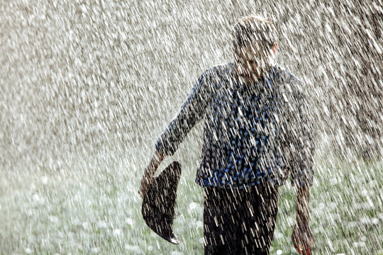 Man Wet Under Rain Farmer Hat Enjoy Prayer Happy Upset Heavy Wet Water Shower Sun Summer Pray