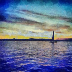 Oil painting. Art print for wall decor. Acrylic artwork. Big size poster. Watercolor drawing. Modern style fine art. Beautiful evening sea landscape. Dark blue sky. Single boat on water. Orange sunset