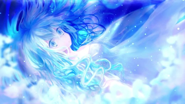 【手描き】ふわふわ動く女の子　青背景　光パーティクル　【Hand drawn】 Fluffy moving girl Blue background light particles