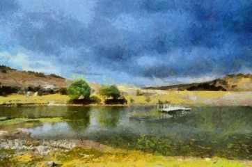 Oil painting. Art print for wall decor. Acrylic artwork. Big size poster. Watercolor drawing. Modern style fine art. Beautiful mountain autumn landscape. Bright wild nature view.