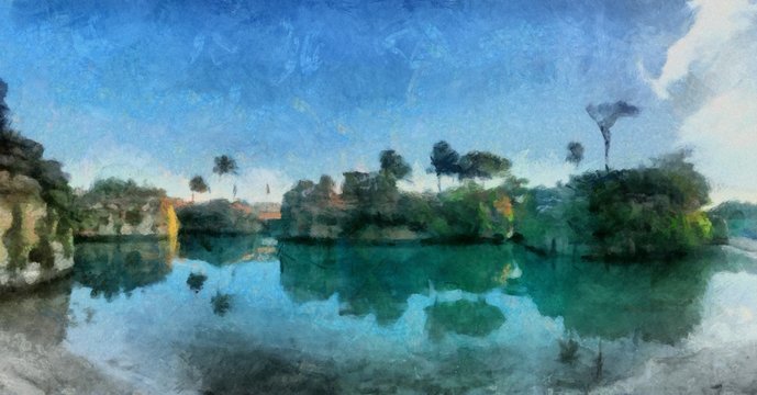 Oil painting. Art print for wall decor. Acrylic artwork. Big size poster. Watercolor drawing. Modern style fine art. Beautiful exotic tropical landscape. Azure wonderful water. Paradise view.