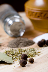 spices: pepper, salt, bay leaves and herbs