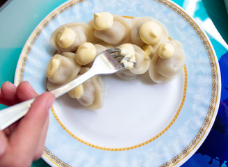Meat dumplings with mayonnaise on a plate