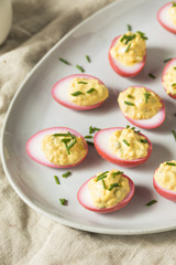 Homemade Pink Pickled Deviled Eggs
