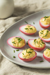 Homemade Pink Pickled Deviled Eggs