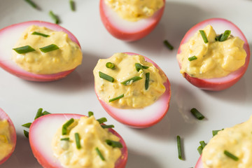 Homemade Pink Pickled Deviled Eggs