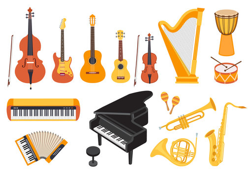 Big musical instruments set isolated on white background. Guitar, ukulele, piano, harp, accordion, maracas, violin etc. Flat style, vector illustration