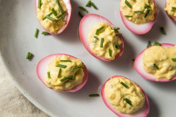 Homemade Pink Pickled Deviled Eggs