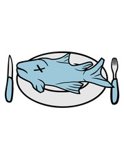 teller gabel messer cool fisch schwimmen tauchen angeln tot tod gefangen essen lecker hunger braten comic cartoon fischen clipart