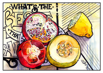 Vegetables fruit pumpkin pepper pomegranate lemon font watercolor