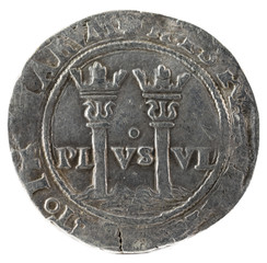 Ancient Spanish silver coin of the Kings Juana and Carlos. Coined in Mexico. Real. Reverse.