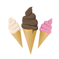 Tasty ice creams with fresh waffle and chocolate, strawberry, vanilla taste