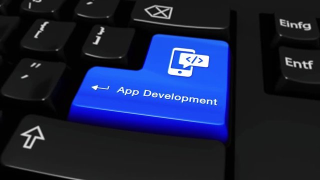 445. App Development Round Motion On Blue Enter Button On Modern Computer Keyboard with Text and icon Labeled. Selected Focus Key is Pressing Animation. software development Concept
