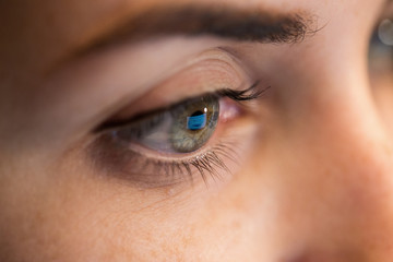 vision, business and education concept - close up of woman eye looking at computer screen