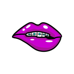 Vector illustration icon of opened mouth with pink lipstick, white teeth and braces