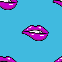 Vector illustration pattern with mouths covered pink lipstick on a blue background