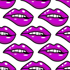 Vector illustration pattern with mouths covered pink lipstick on a white background