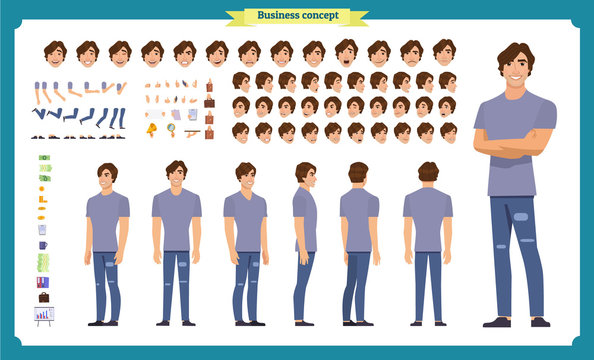 Young Man In Casual Clothes. Character Creation Set. Full Length, Different Views, Emotions, Gestures, Isolated Against White Background. Build Your Own Design.