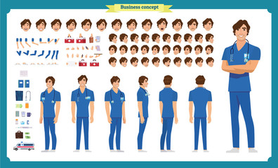 Front, side, back view animated character. Doctor character creation set with various views, face emotions, poses and gestures. 