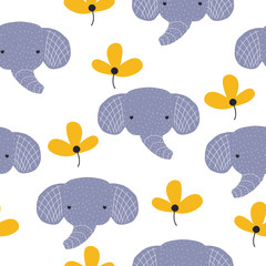 Seamless pattern with cute elephant and tropical flower. Kids fashion print. Vector hand drawn illustration.