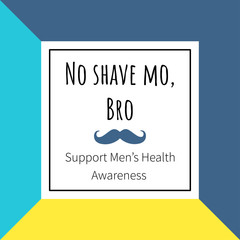 Vector illustration with blue moustache on the front and text "No shave mo, Bro. Suppot Men's Health Awareness" with colorblock background