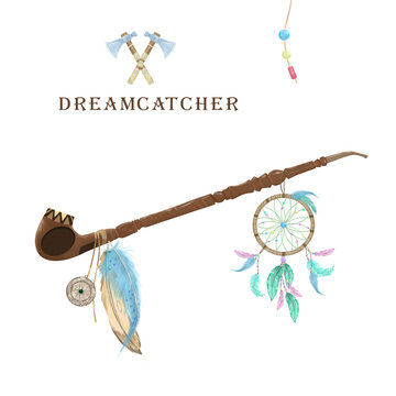 Pipe of peace with dreamcatcher, feathers and amulet digital clip art. Ceremonial Native American pipe. Color set. Two Axe. Boho Style on white background