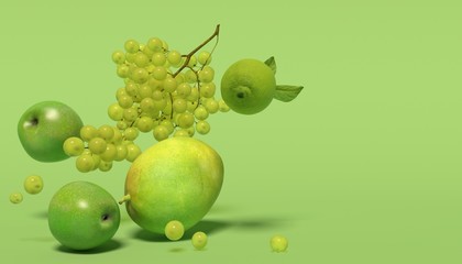 Banner with green fruits on a green background with free space for text. Composition of bunches of grapes, apples, mango and llime falling down. 3D rendering