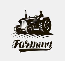 Farming, agriculture logo or label. American retro farm tractor icon. Vector illustration